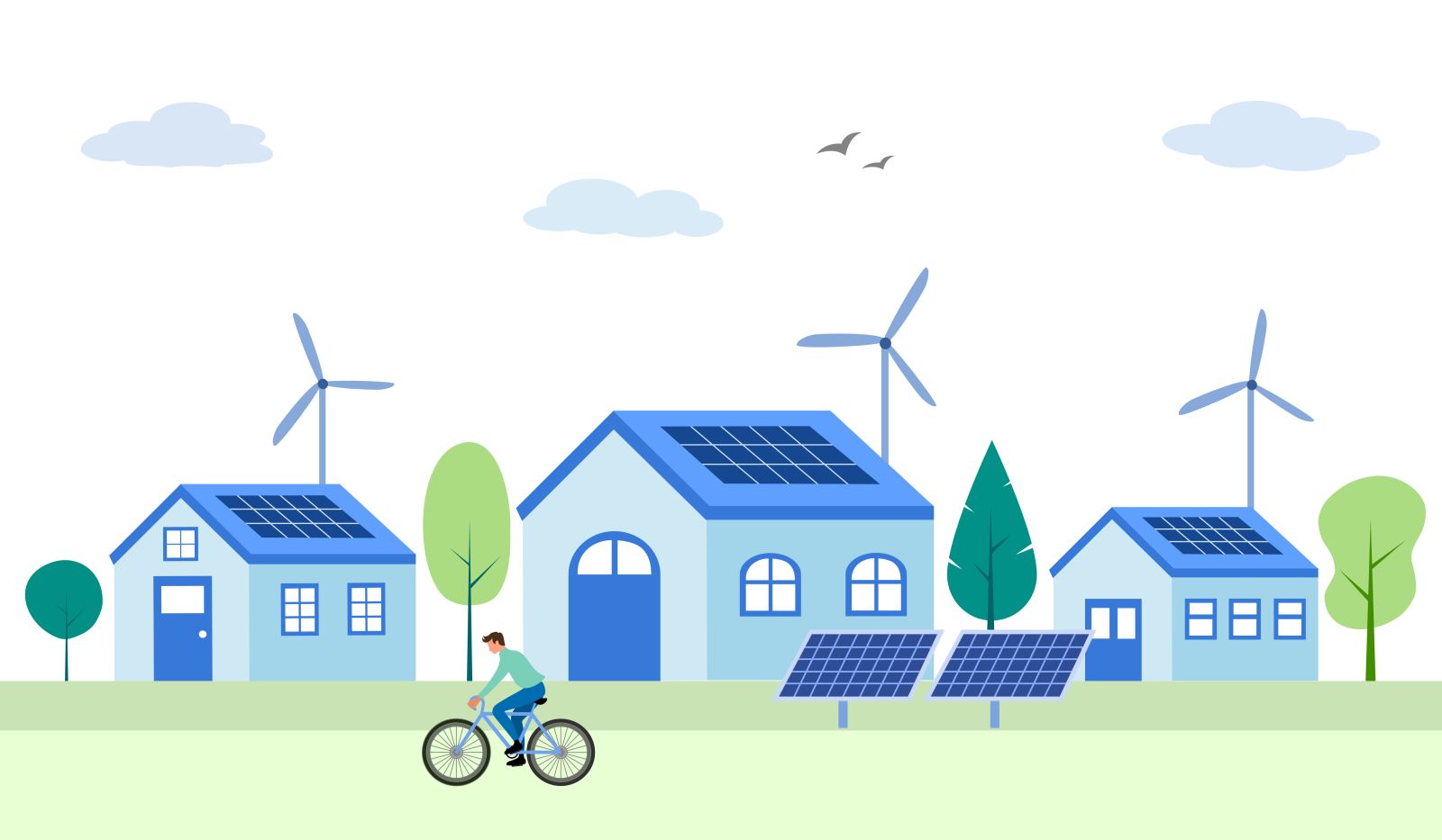 Illustrated image shows three houses with solar panels surrounded by trees. In the background are three wind turbines. In the foreground is a person on a bike. banner image