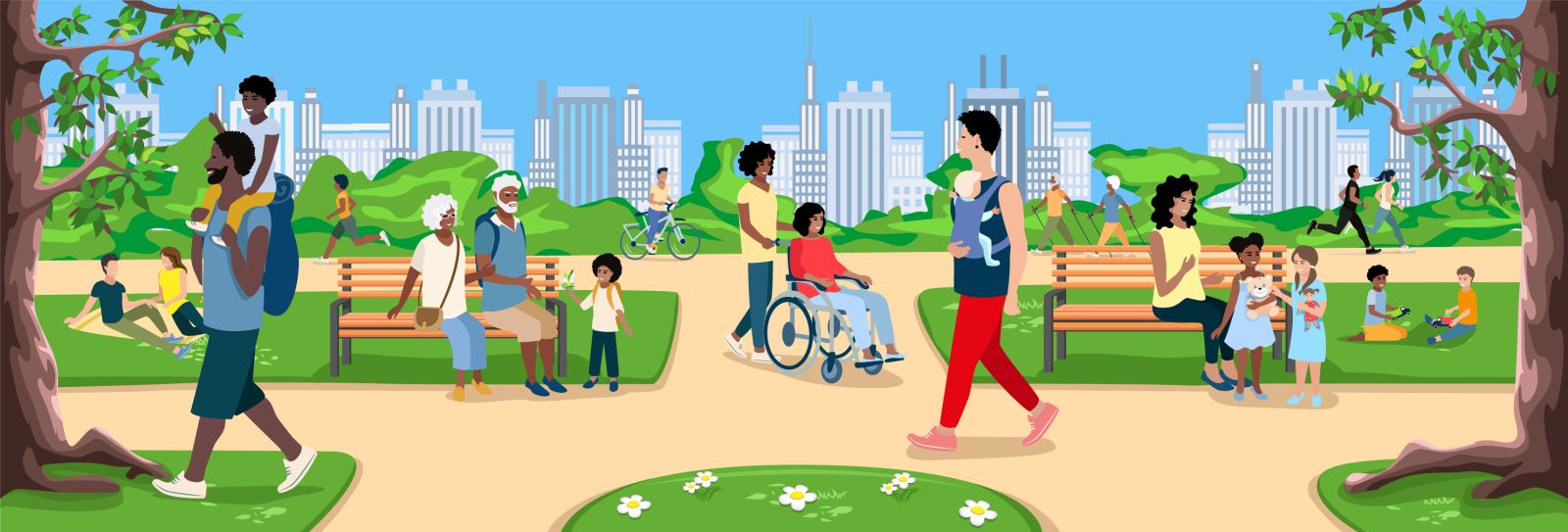 Illustration of people walking, wheeling and cycling in a park banner image