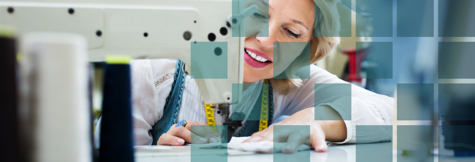 Woman using a sewing machine to repair clothes banner image