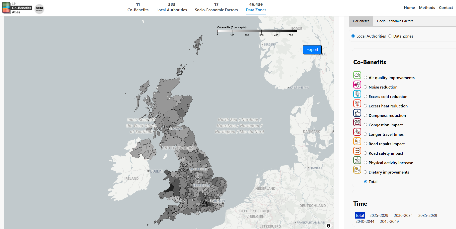 Screenshot of UK Co-benefits Atlas interactive map.